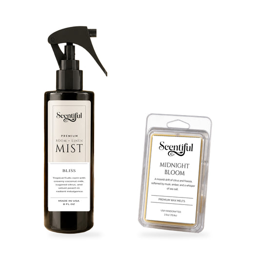 Scentiful Mist + Melt Set: Bliss 8 oz Room + Linen Mist and Midnight Bloom 2.5 oz six-cube clamshell wax melt.