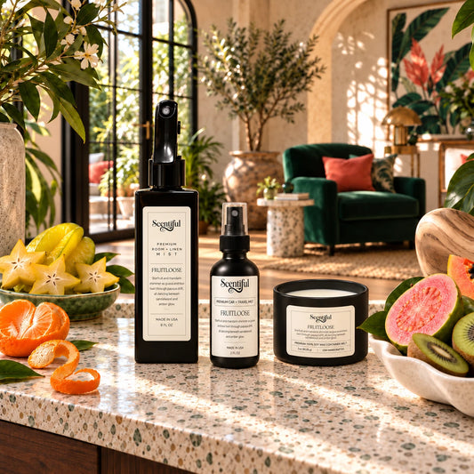 Fruitloose 8 oz Room + Linen Mist, 2 oz Auto + Travel Mist, and open wickless Container Melt with tropical fruit on a sunlit counter.