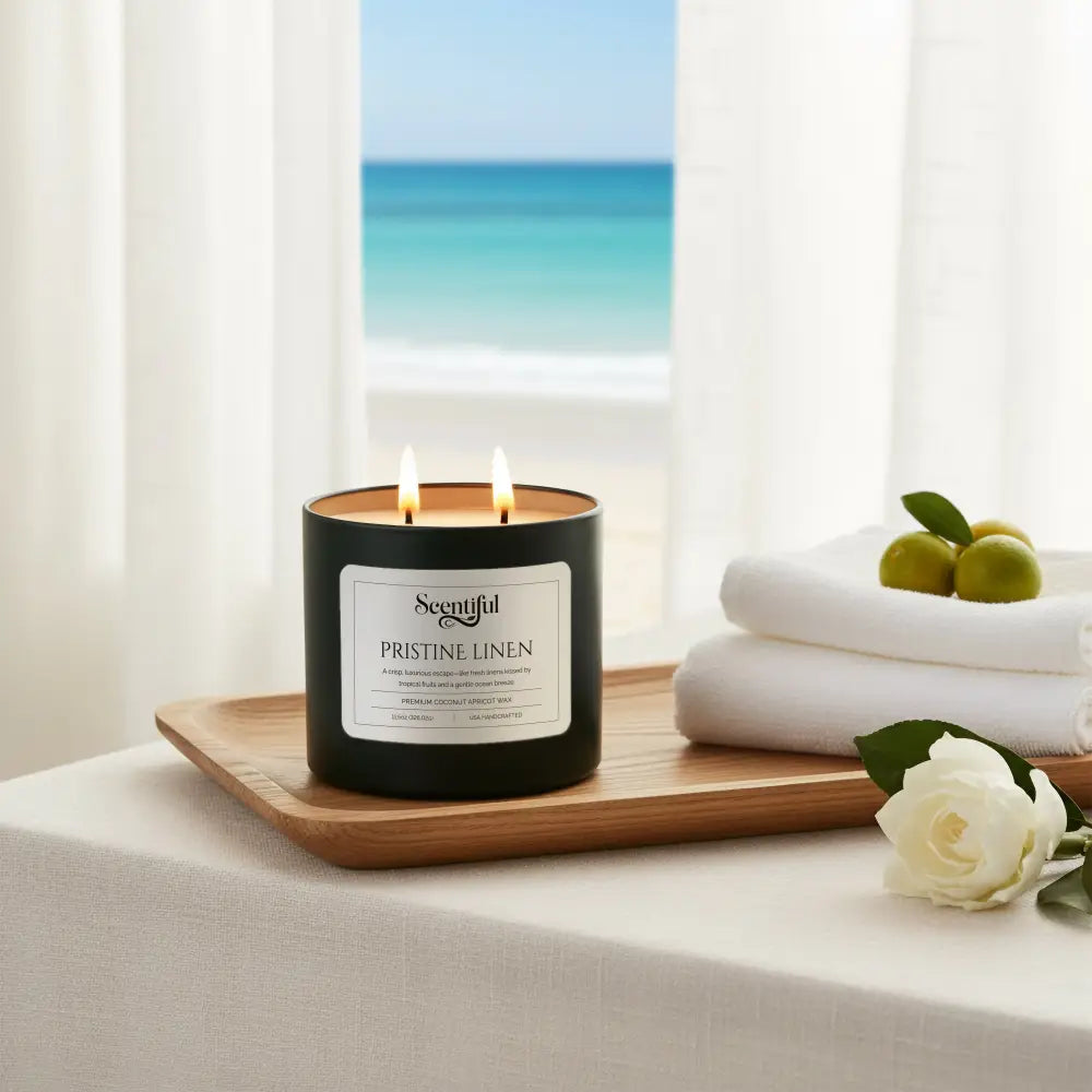 Pristine Linen – Fresh & Clean 11.5 oz Premium Candle styled in a home setting