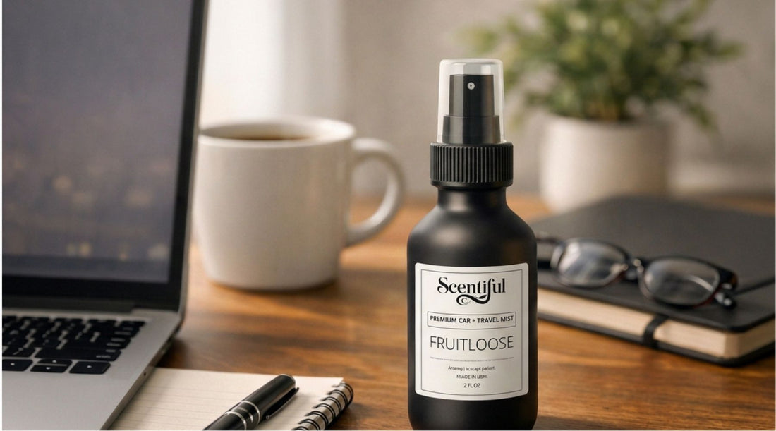 Scentiful Auto + Travel Mist on a desk in a focused home office setting