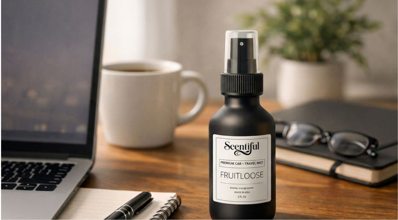 Scentiful Auto + Travel Mist on a desk in a focused home office setting