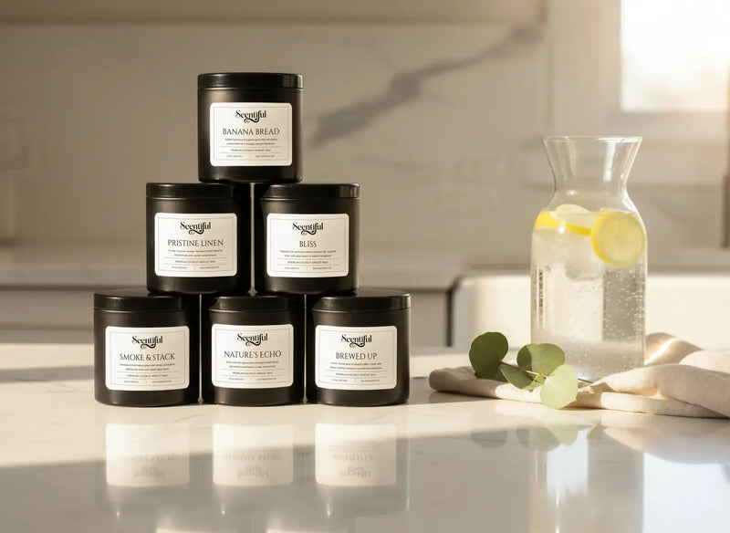 Six Scentiful Premium Candles arranged in a sunlit pyramid: Banana Bread, Pristine Linen, Bliss, Smoke & Stack, Nature’s Echo and Brewed Up.