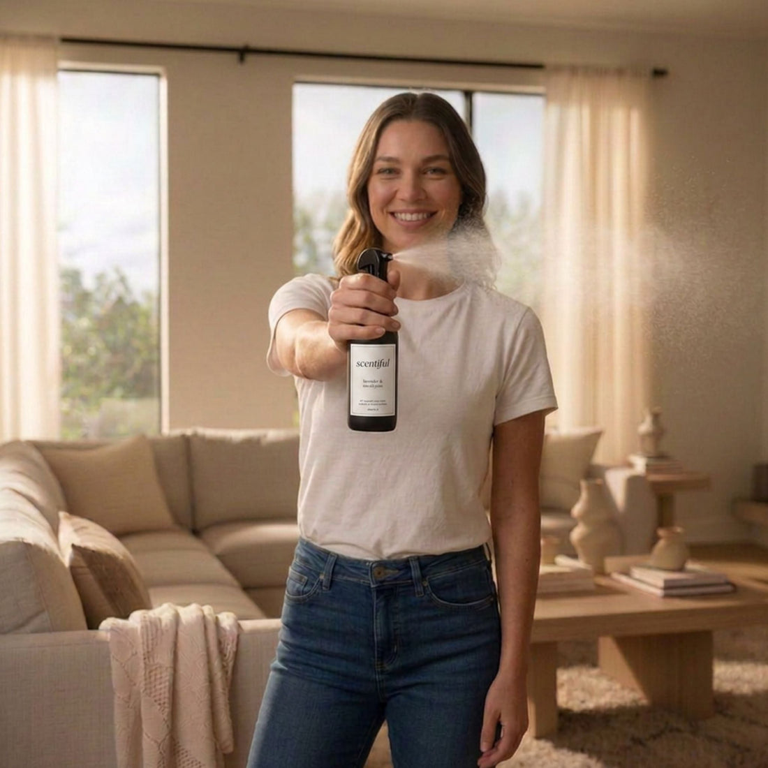 Someone happily spraying fresh fragrance in their home. 