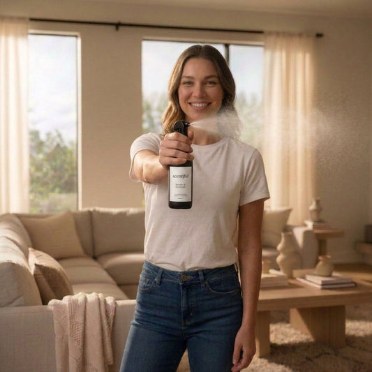 Someone happily spraying fresh fragrance in their home. 