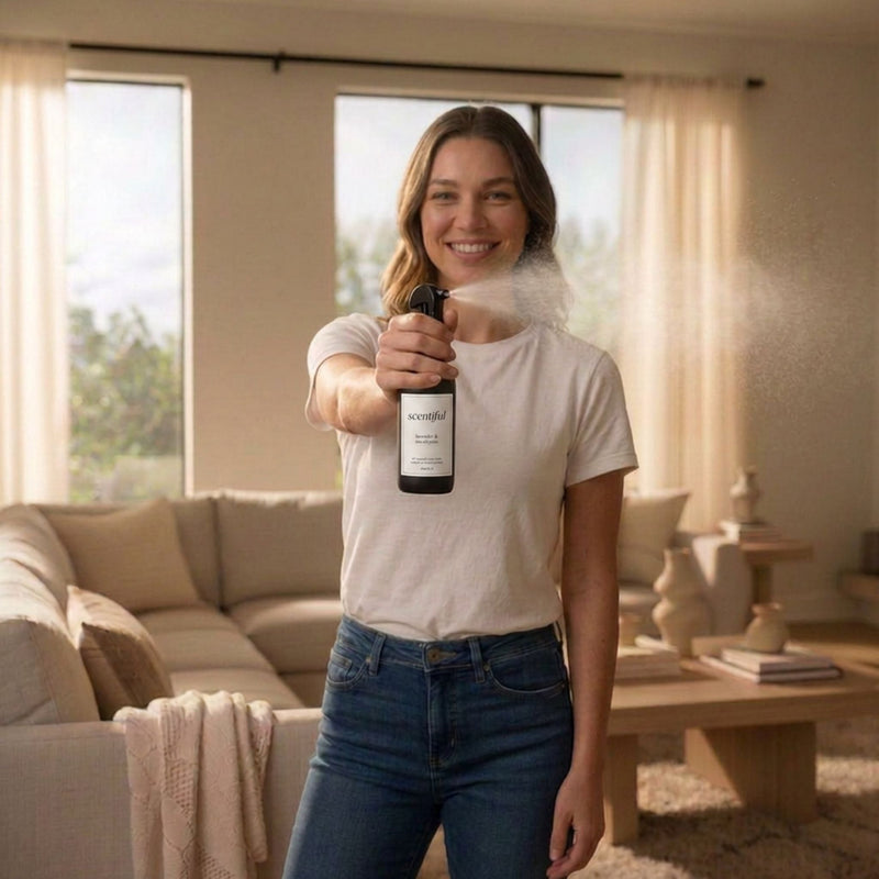 Someone happily spraying fresh fragrance in their home. 