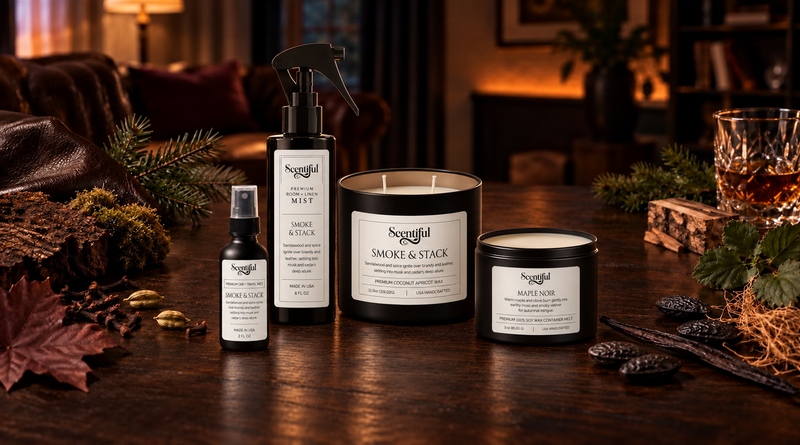 Smoke & Stack travel mist, room and linen mist, and dual-wick candle beside an open Maple Noir soy container melt on a wooden table with fragrance botanicals.