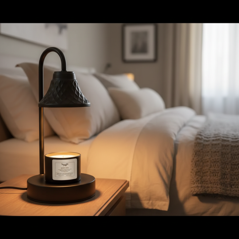 Container Wax Melt under a warming light in a cozy relaxing bedroom