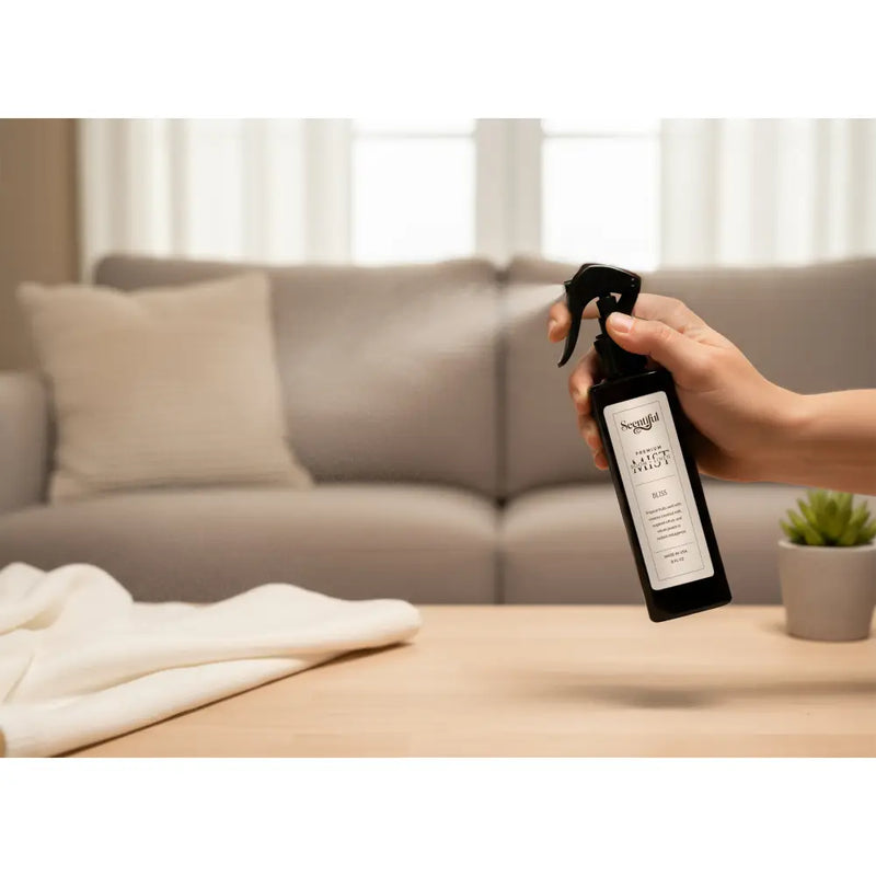 Bliss 8 oz Room + Linen Mist styled for welcoming guests