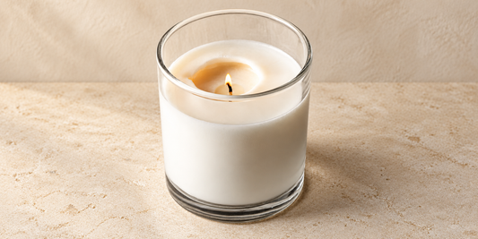 Lit candle showing tunneling on a warm stone surface.