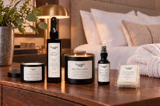 Pristine Linen Room + Linen Mist, candle, travel mist, lidless 100% soy container melt and clamshell wax melts in a hotel-inspired bedroom