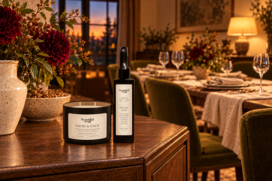 Smoke & Stack dual-wick candle and Pristine Linen Room + Linen Mist on a walnut console, with burgundy dahlias and an autumn dining table set with linens, flowers, and glassware.