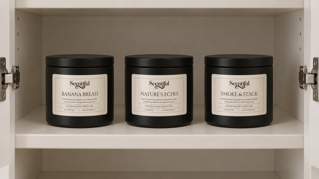 Three covered Scentiful Premium 11.5 oz Candles stored upright and evenly spaced in a cool, dry interior cabinet away from heat and direct sunlight