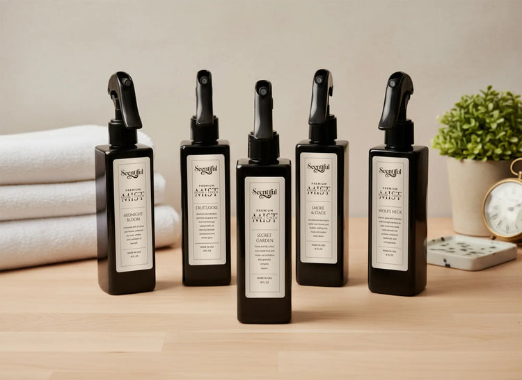 Scentiful Premium 8 oz Room + Linen Mist collection in black trigger-spray bottles