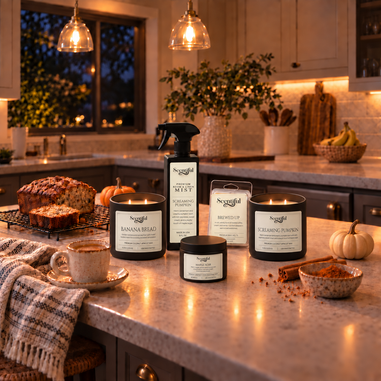 The Scentiful Bakery Collection in a warm evening home kitchen featuring Banana Bread and Screaming Pumpkin candles, Screaming Pumpkin Room + Linen Mist, Brewed Up clamshell melts, and Maple Noir container melt.
