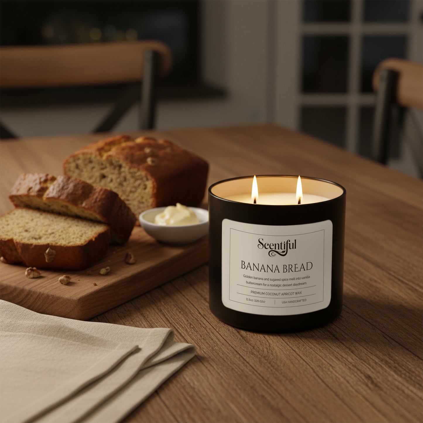Black Scentiful banana bread scented candle with two lit wicks on a wooden surface
