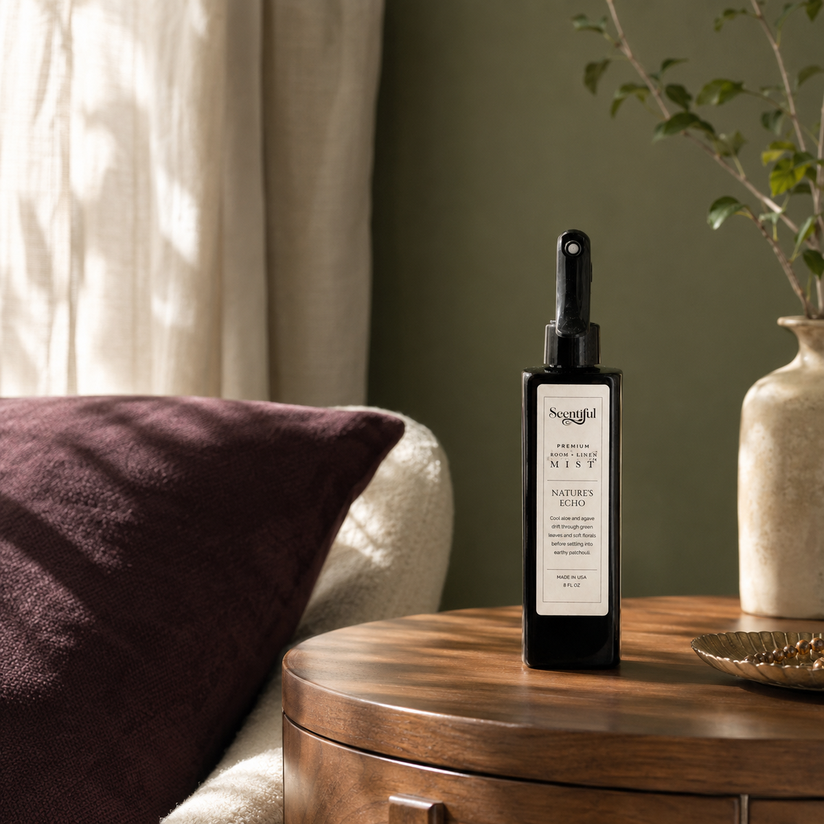 Nature’s Echo 8 oz Room + Linen Mist styled in a serene home setting