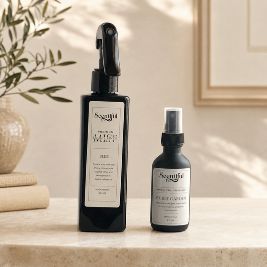 Scentiful Bliss Room + Linen Mist and Secret Garden Auto + Travel Mist styled in a sunlit home