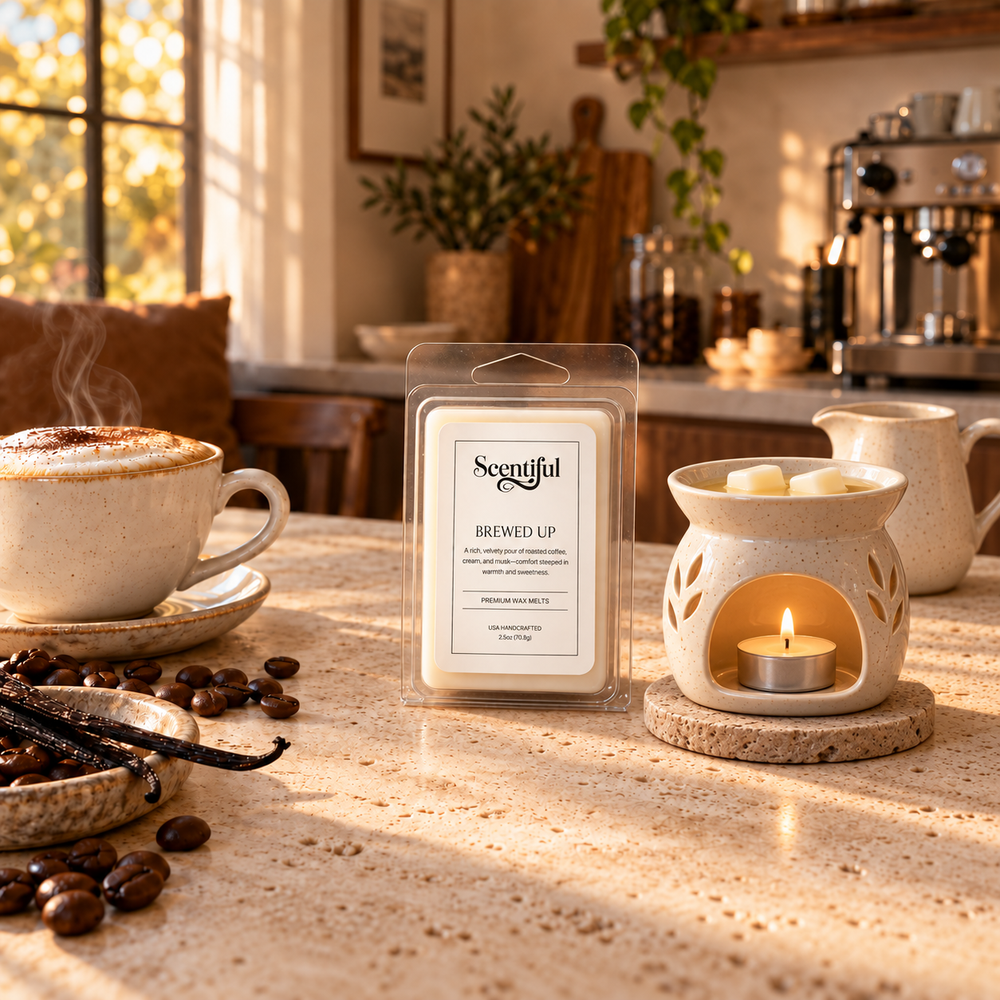 Brewed Up clamshell melts in use beside a tea-light warmer, coffee, cream and vanilla.