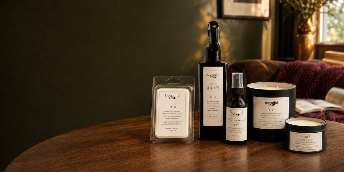 Scentiful candles, mists and wax melts on a wooden table in a warmly lit living room.