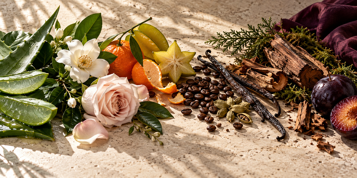 Aloe, flowers, citrus, coffee, vanilla, woods and plum arranged on limestone to evoke fragrance notes.