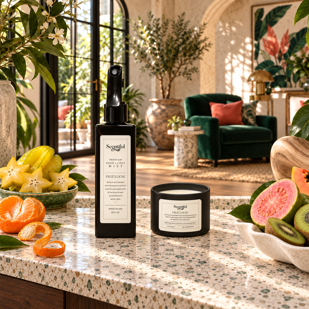 Fruitloose Room + Linen Mist and open Container Melt with starfruit, mandarin, guava and kiwi.