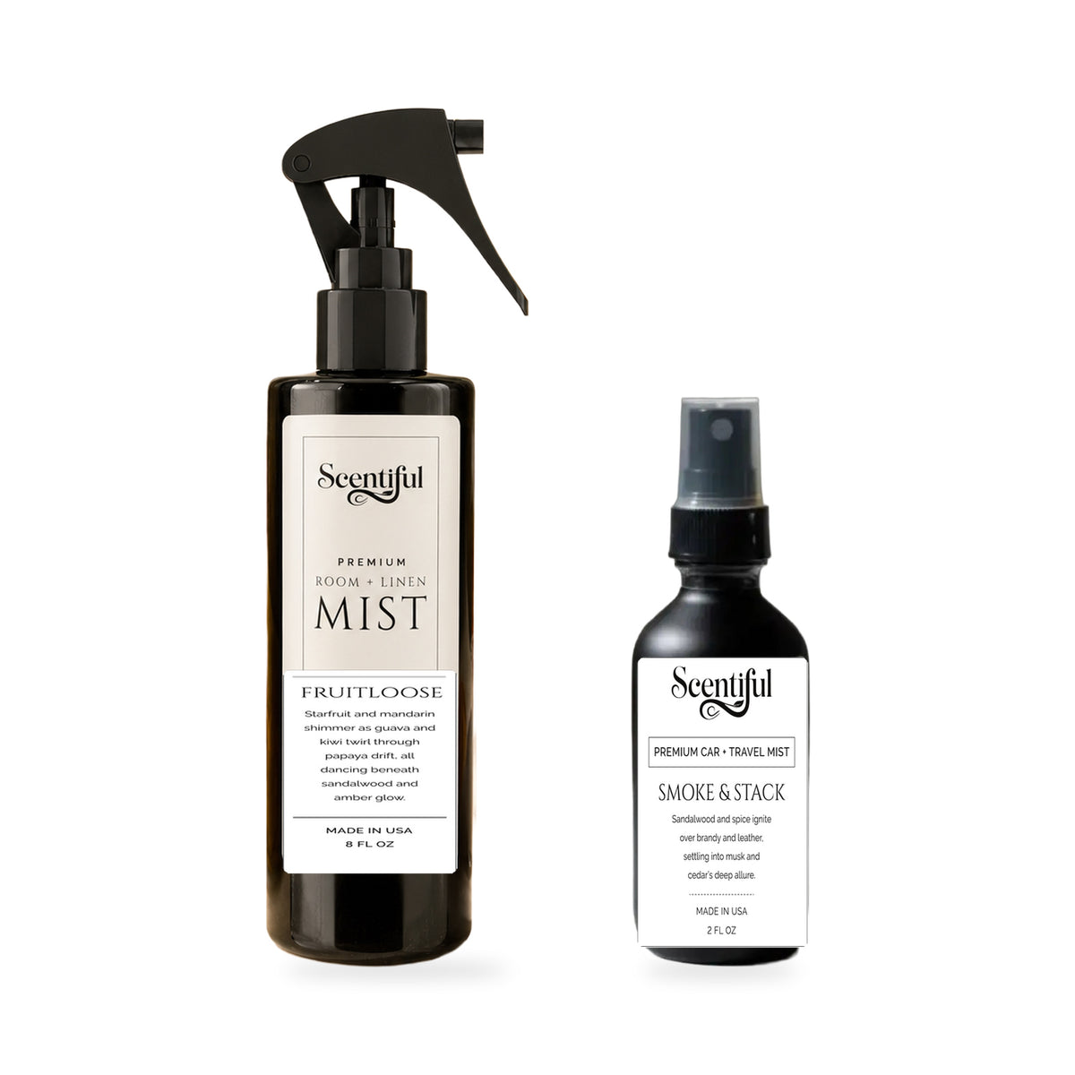 Scentiful Home & Roam Set: Fruitloose 8 oz Room + Linen Mist and Smoke & Stack 2 oz Auto + Travel Mist.