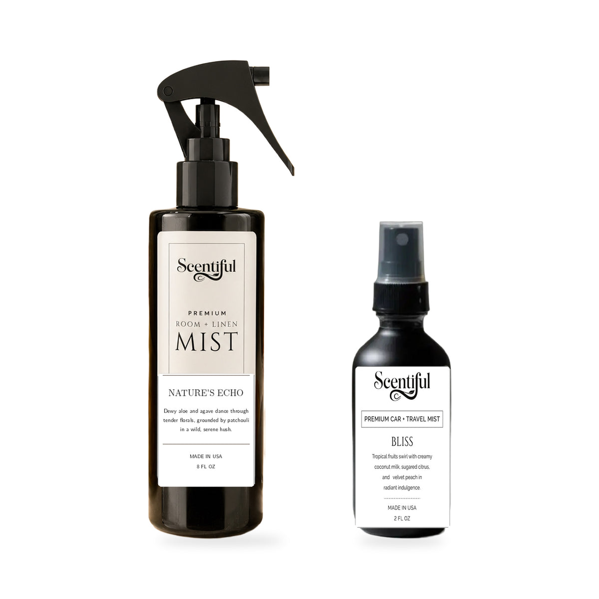 Scentiful Home & Roam Set: Nature's Echo 8 oz Room + Linen Mist and Bliss 2 oz Auto + Travel Mist.