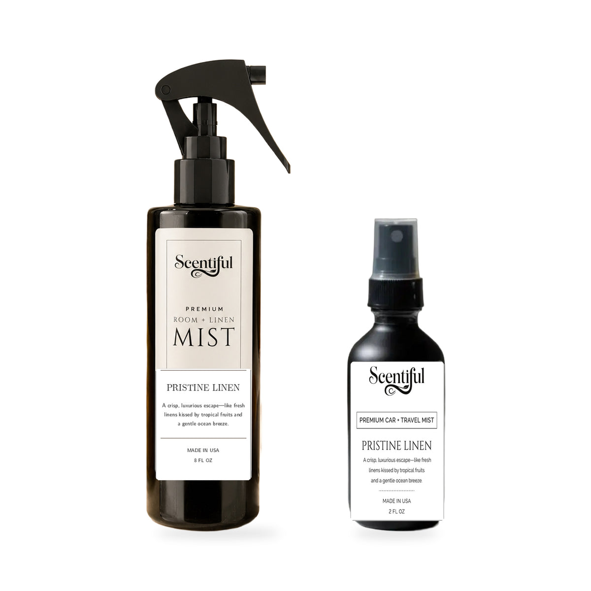 Scentiful Home & Roam Set: Pristine Linen 8 oz Room + Linen Mist and Pristine Linen 2 oz Auto + Travel Mist.