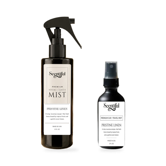 Scentiful Home & Roam Set: Pristine Linen 8 oz Room + Linen Mist and Pristine Linen 2 oz Auto + Travel Mist.