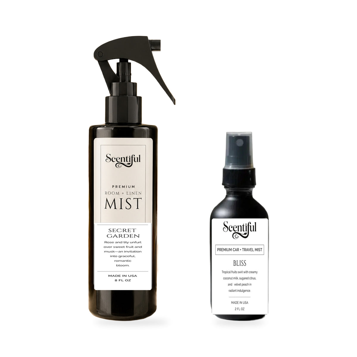 Scentiful Home & Roam Set: Secret Garden 8 oz Room + Linen Mist and Bliss 2 oz Auto + Travel Mist.