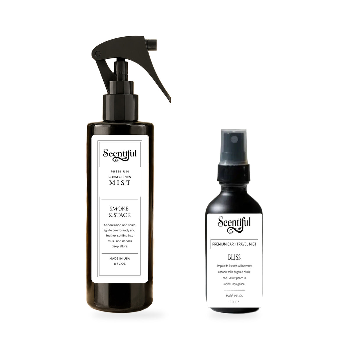 Scentiful Home & Roam Set: Smoke & Stack 8 oz Room + Linen Mist and Bliss 2 oz Auto + Travel Mist.