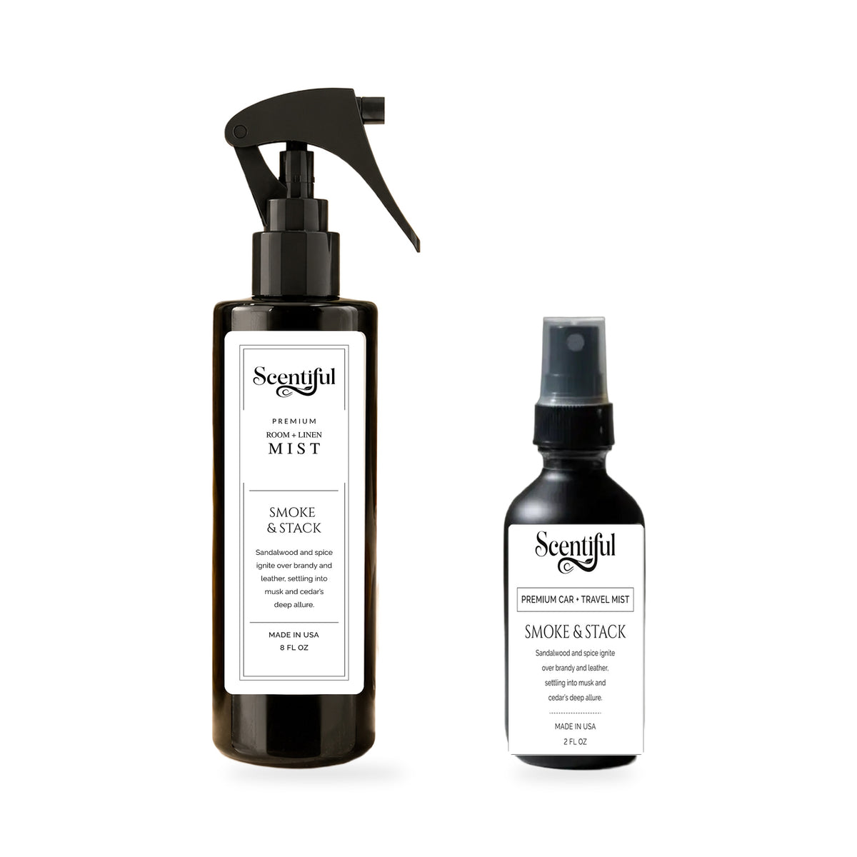 Scentiful Home & Roam Set: Smoke & Stack 8 oz Room + Linen Mist and Smoke & Stack 2 oz Auto + Travel Mist.