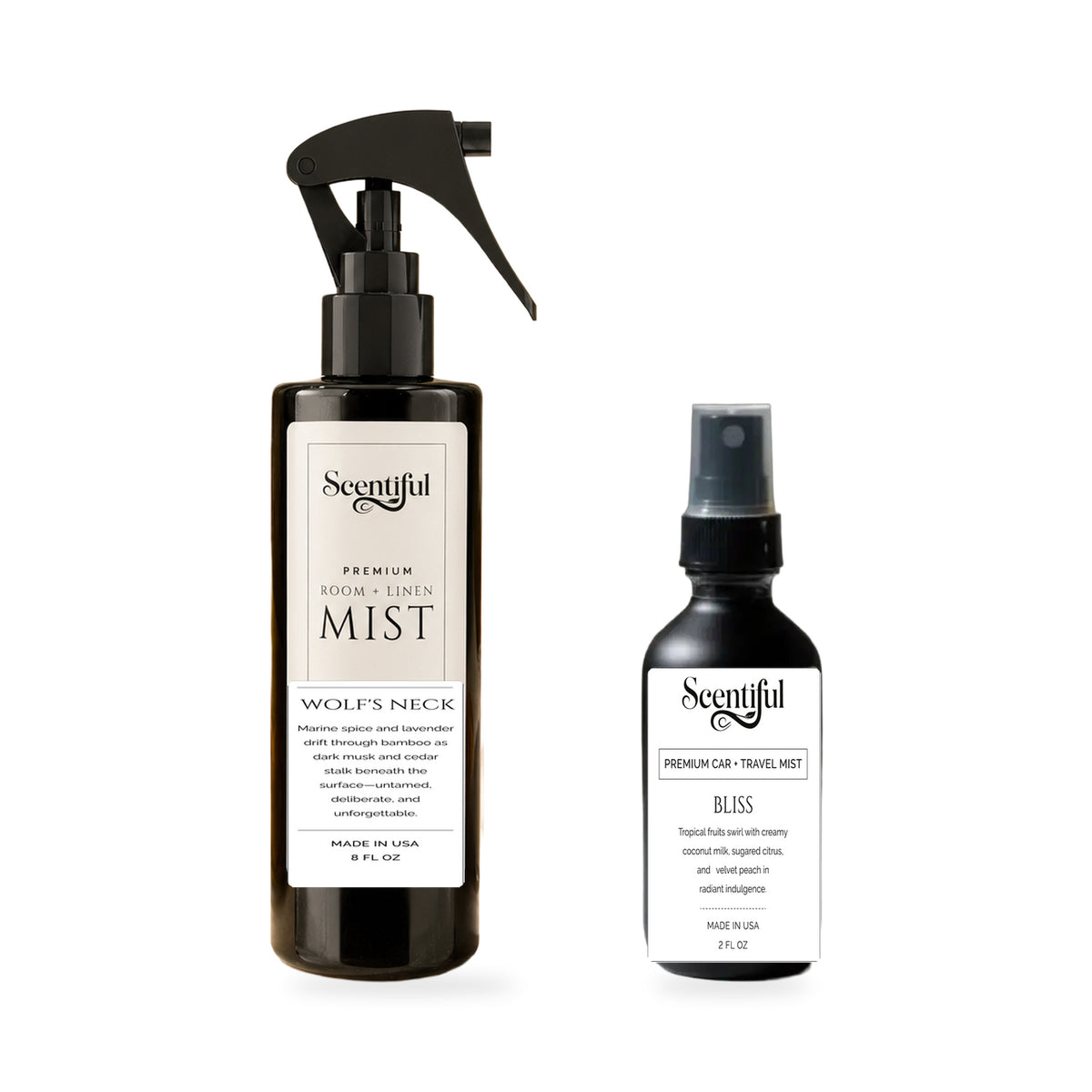 Scentiful Home & Roam Set: Wolf’s Neck 8 oz Room + Linen Mist and Bliss 2 oz Auto + Travel Mist.