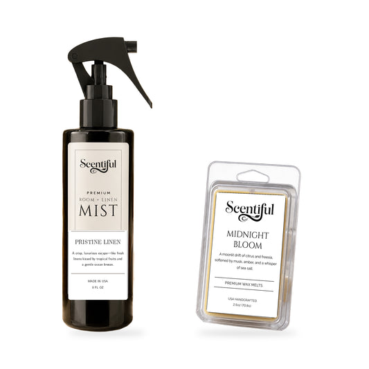 Scentiful Mist + Melt Set: Pristine Linen 8 oz Room + Linen Mist and Midnight Bloom 2.5 oz six-cube clamshell wax melt.