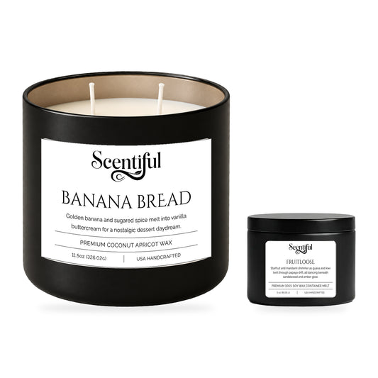 Scentiful Wicked + Wickless Set: Banana Bread 11.5 oz dual-wick candle and Fruitloose 3 oz container melt.