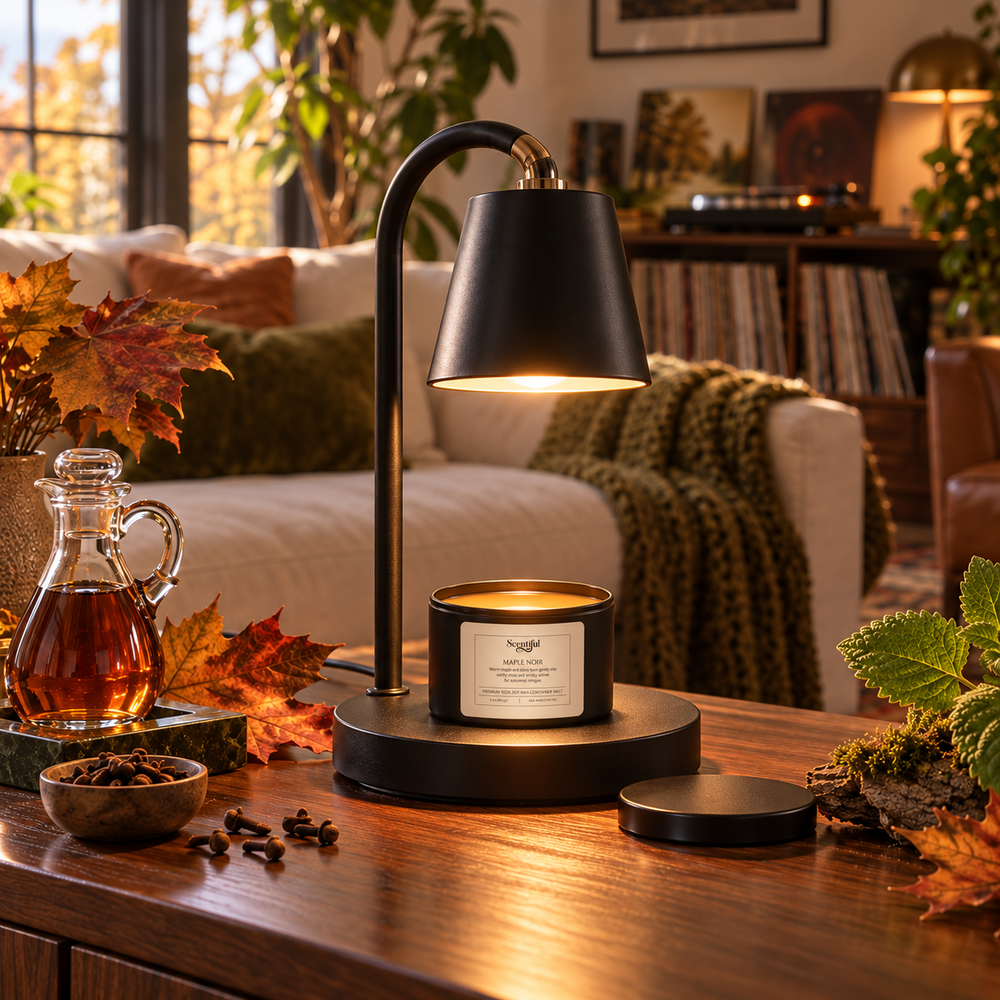 Open Maple Noir Container Melt beneath warmer lamp with maple and clove elements.