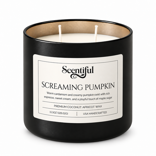 Screaming Pumpkin 11.5 oz dual-wick candle in Scentiful’s matte-black tin vessel