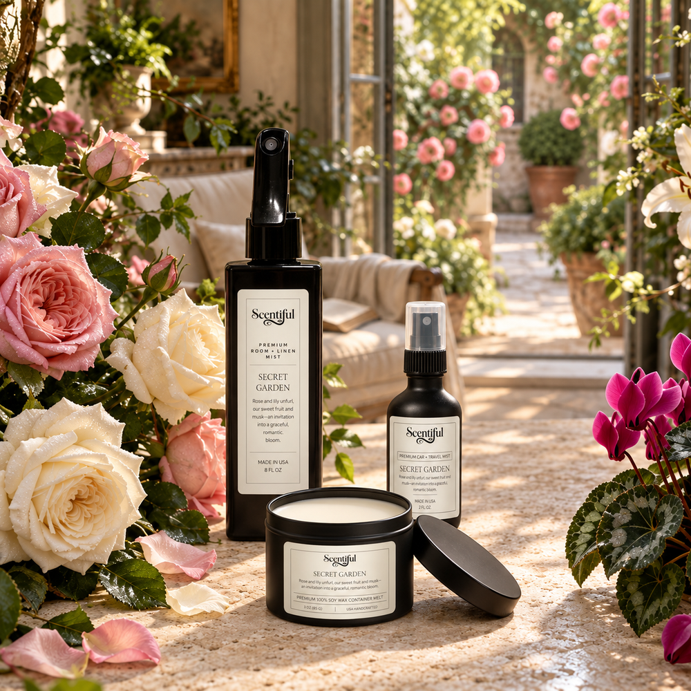 Secret Garden scent squad with both mists and open container melt amid flowers.