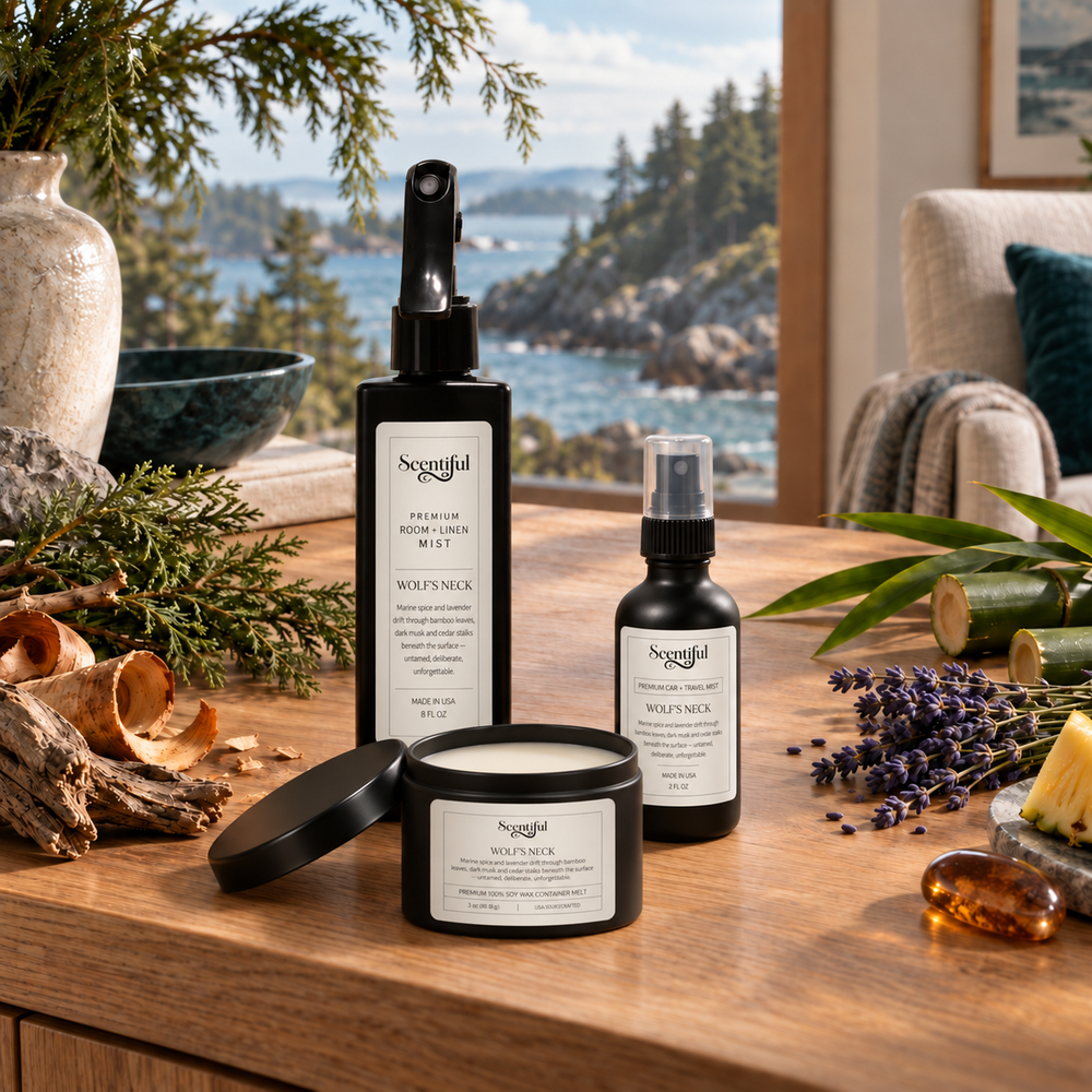 Wolf’s Neck mists and open wickless Container Melt with cedar, lavender and bamboo in a coastal woodland setting
