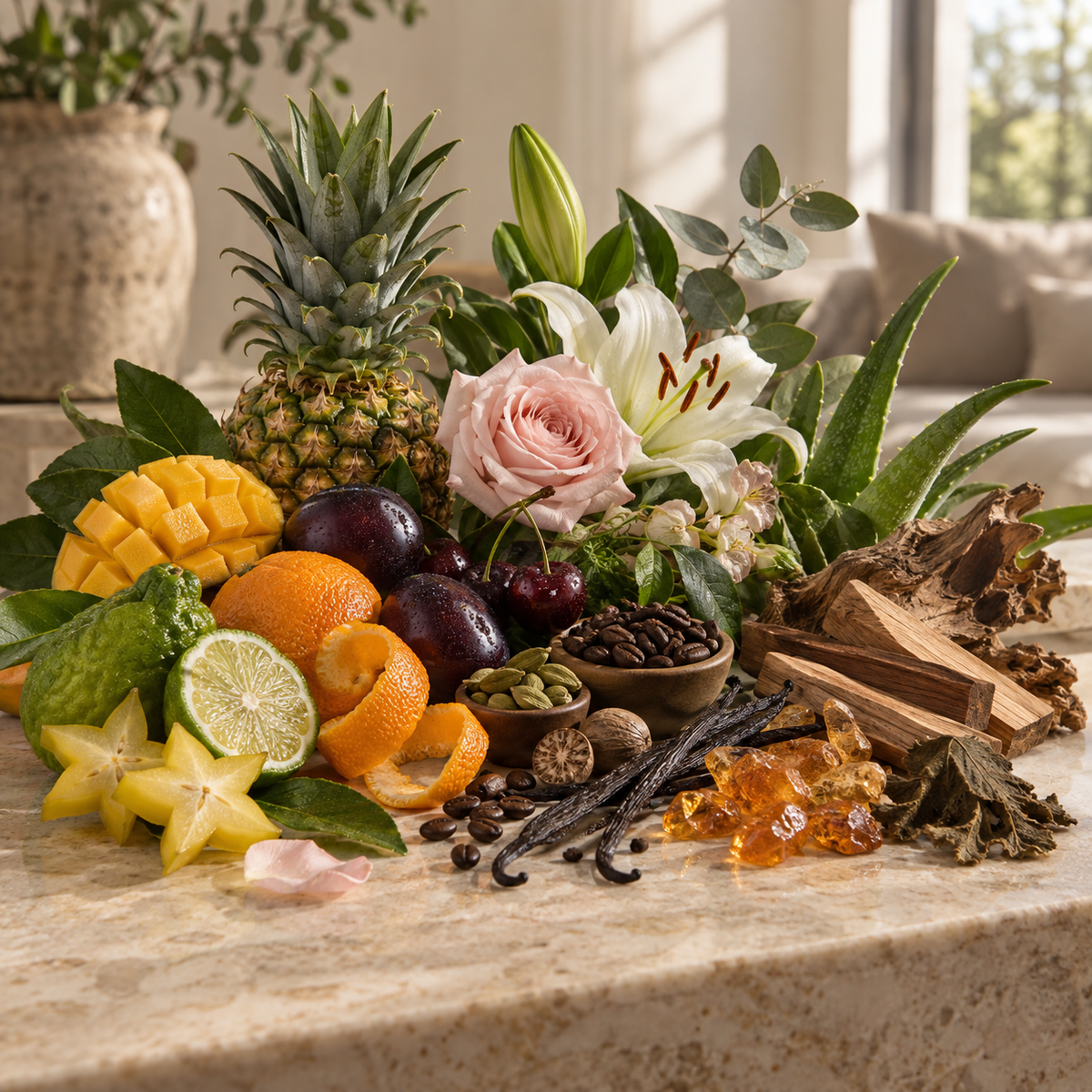 An abundant arrangement of fruit, florals, greenery, woods, coffee, spices, vanilla and amber notes