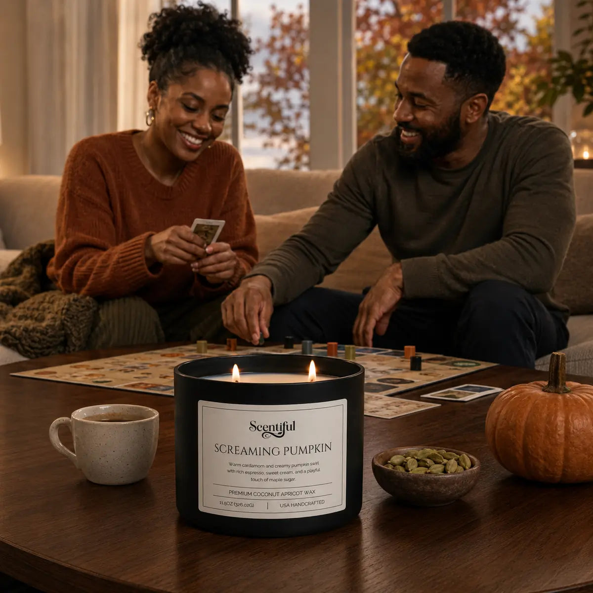 Screaming Pumpkin 11.5 oz dual-wick candle in a warm seasonal setting