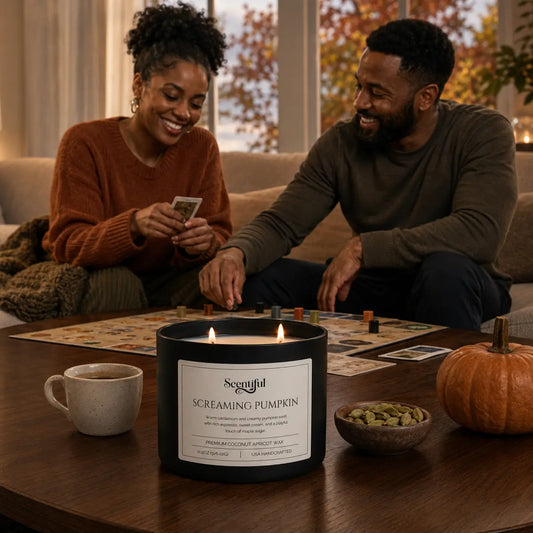 Screaming Pumpkin 11.5 oz dual-wick candle in a warm seasonal setting