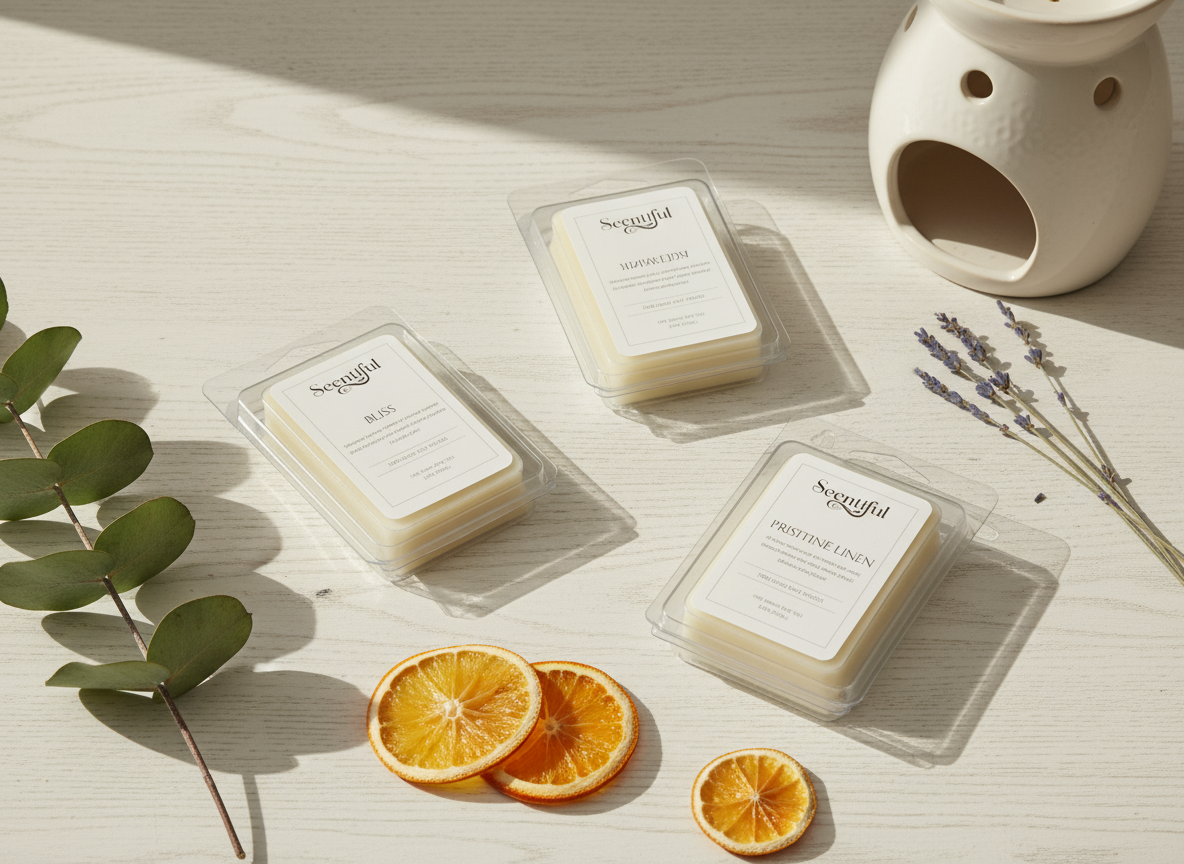 Scentful Pristine Linen wax melts, pack of 6, styled with a wax warmer and botanical décor.