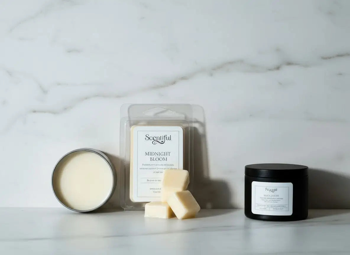 Cream-colored wax melts in a clear plastic package with a white label reading ’scentful midnight bloom’ sit beside an open metal tin and a black candle jar.