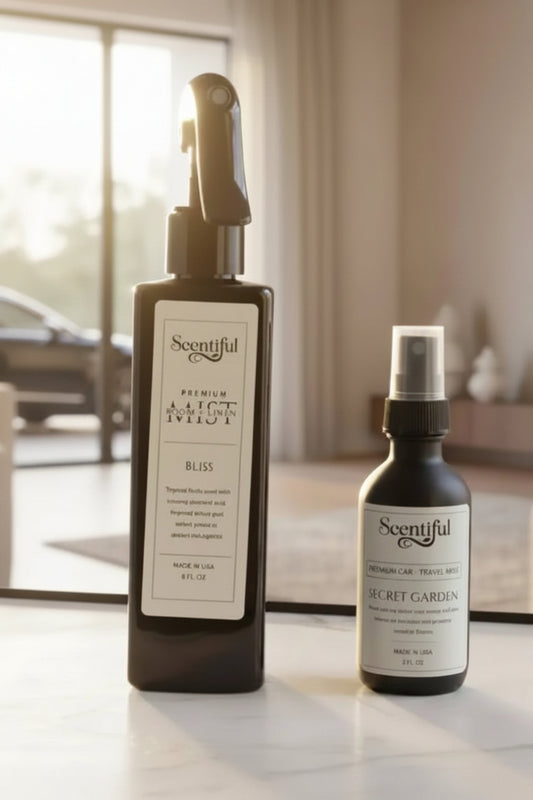 Home & Roam Set: 1 x 8 oz full-size Room & Linen Mist with 1 x 2 oz Auto & Travel Mist - Handcrafted