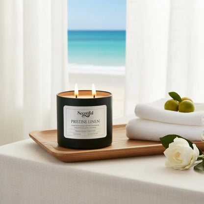 Pristine Linen – Fresh & Clean 11.5 oz Premium Candle styled in a home setting