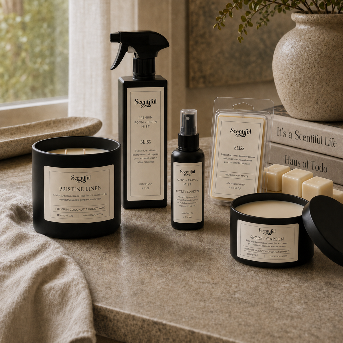 Scentiful aromatic formats arranged together in a warm, hotel-inspired home interior.